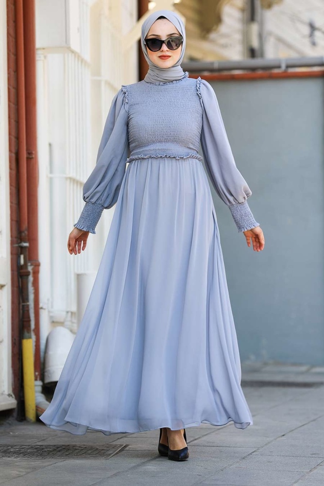 Gris- Tesettürlü Abiye Elbise - Robes de Soirée Hijab - 22174GR - 1
