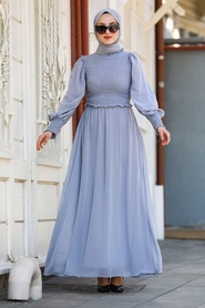 Gris- Tesettürlü Abiye Elbise - Robes de Soirée Hijab - 22174GR - Thumbnail