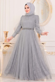 Gris- Tesettürlü Abiye Elbise - Robes de Soirée Hijab - 40440GR - Thumbnail