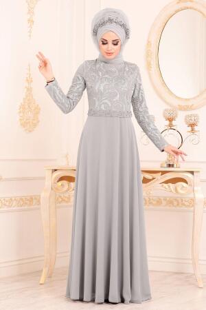Gris - Tesettürlü Abiye Elbise - Robes de Soirée Hijab 8462GR - 3