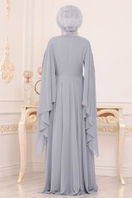 Gris - Tesettürlü Abiye Elbise - Robes de Soirée Hijab 8485GR - Thumbnail