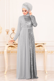 Gris - Tesettürlü Abiye Elbise - Robes de Soirée Hijab 85591GR				 - Thumbnail