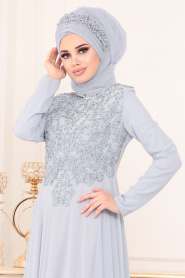 Gris- Tesettürlü Abiye Elbise - Robes de Soirée Hijab 8566GR					 - Thumbnail