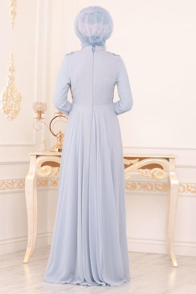 Gris- Tesettürlü Abiye Elbise - Robes de Soirée Hijab 8566GR					 - 3