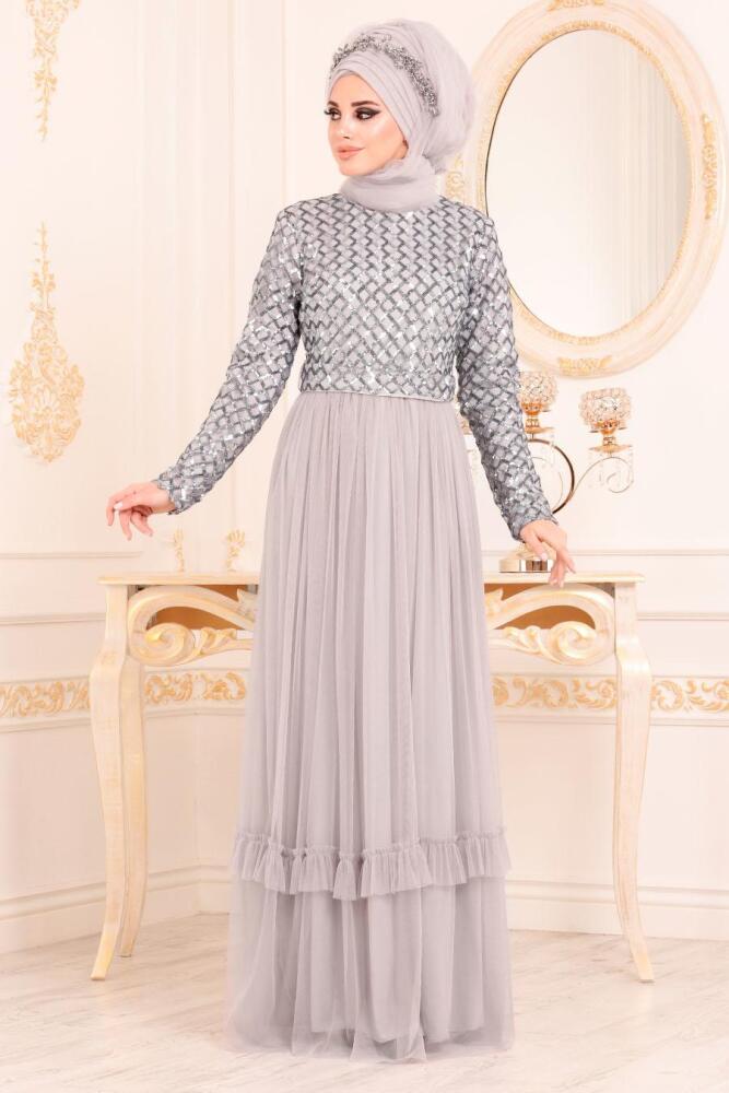 Gris - Tesettürlü Abiye Elbise - Robes de Soirée Hijab 8570GR - 1