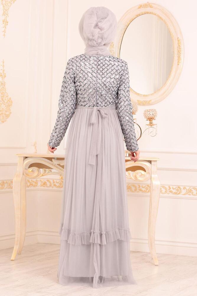 Gris - Tesettürlü Abiye Elbise - Robes de Soirée Hijab 8570GR - 3