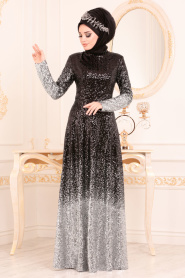 Gris - Tesettürlü Abiye Elbise - Robes de Soirée Hijab 8576GR - Thumbnail
