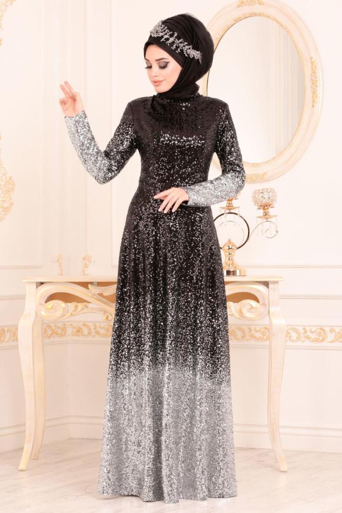 Gris - Tesettürlü Abiye Elbise - Robes de Soirée Hijab 8576GR - 1