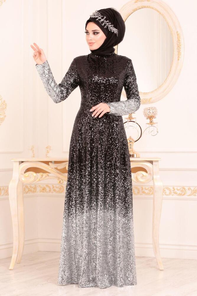 Gris - Tesettürlü Abiye Elbise - Robes de Soirée Hijab 8576GR - 3