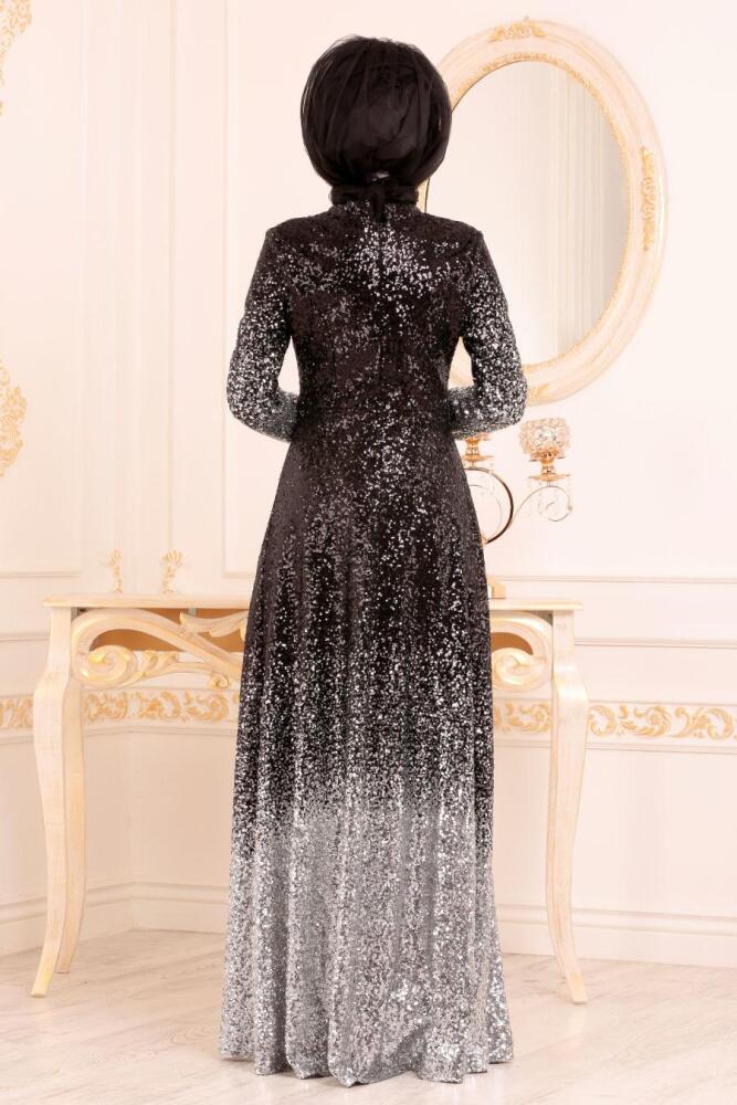 Gris - Tesettürlü Abiye Elbise - Robes de Soirée Hijab 8576GR - 4