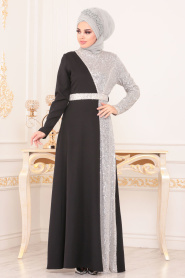 Gris - Tesettürlü Abiye Elbise - Robes de Soirée Hijab 8611GR				 - Thumbnail