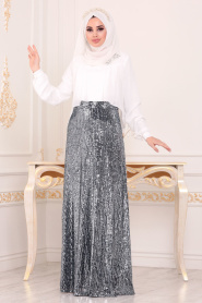 Gris- Tesettürlü Abiye Elbise - Robes de Soirée Hijab 8632GR - Thumbnail