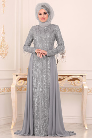 Gris- Tesettürlü Abiye Elbise - Robes de Soirée Hijab 8651GR - Thumbnail