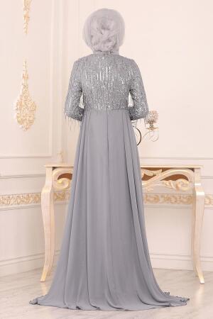 Gris- Tesettürlü Abiye Elbise - Robes de Soirée Hijab 8651GR - 2