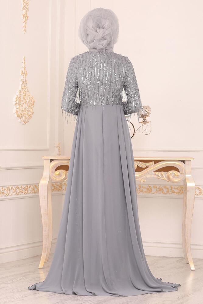 Gris- Tesettürlü Abiye Elbise - Robes de Soirée Hijab 8651GR - 2