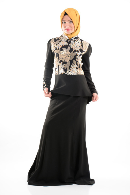 GRL - Payet İşlemeli Siyah Tesettür Elbise3394-01S