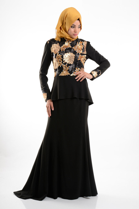 GRL - Payet İşlemeli Siyah Tesettür Elbise 3394S