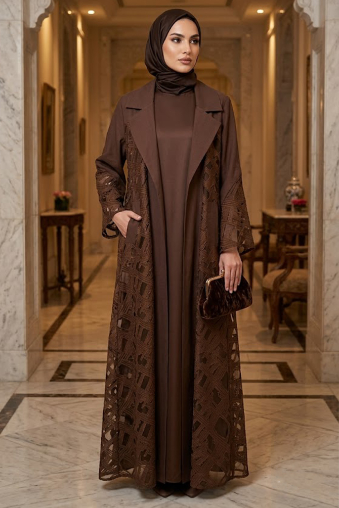 Guipure Lace Brown Modest Abaya 6317KH - 1