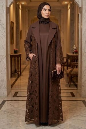 Guipure Lace Brown Modest Abaya 6317KH 