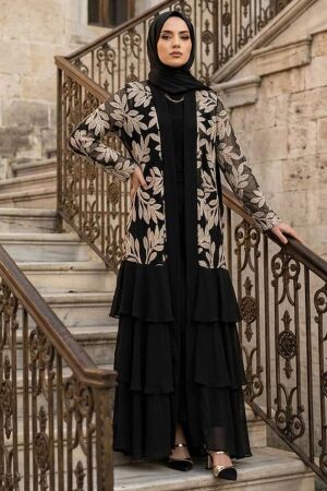 Guipure lace-detail Black Modest Abaya 63260S - 1