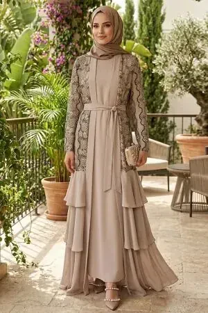 Guipure lace-detail Dark Beige Modest Abaya 63261KBEJ - 1