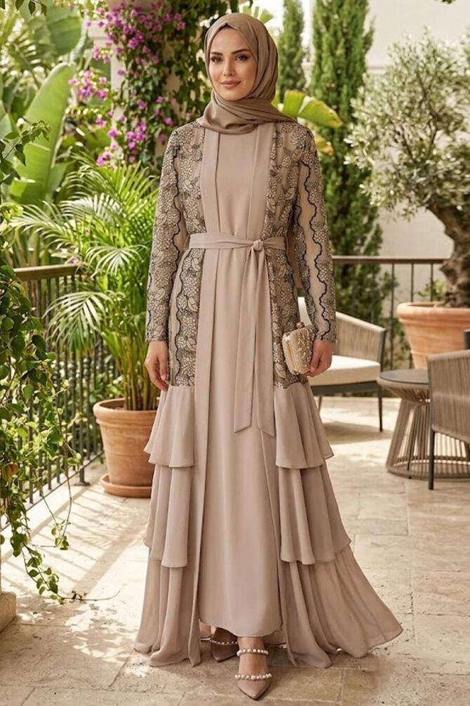 Guipure lace-detail Dark Beige Modest Abaya 63261KBEJ - 1