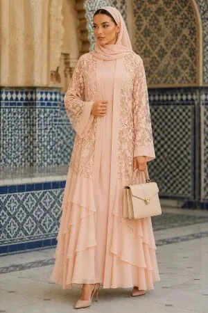 Guipure lace-detail Salmon Modest Abaya 63263SMN - 1