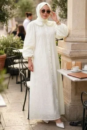Guipure White Modest Dress 41754B - 1