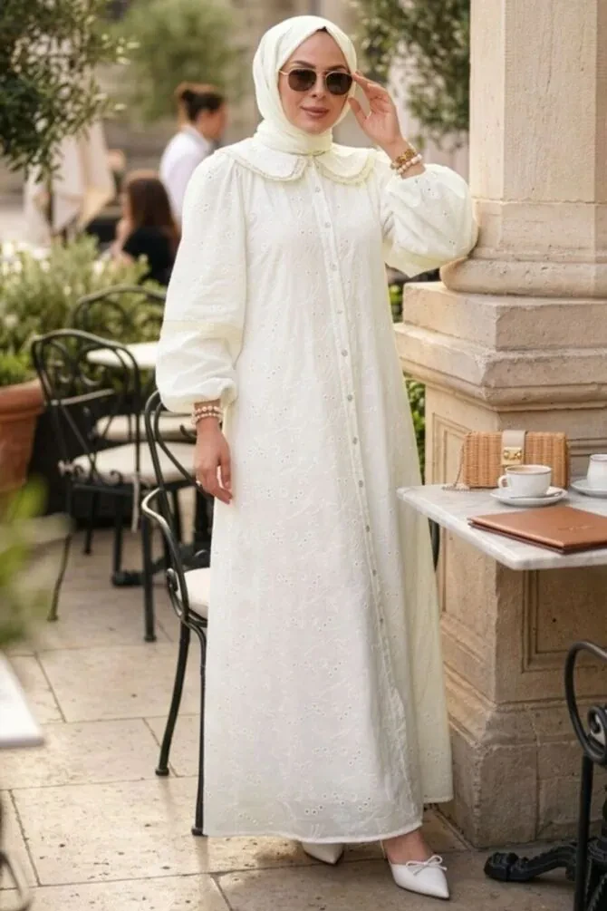 Guipure White Modest Dress 41754B - 1