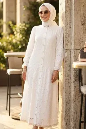 Guipure White Modest Dress 41759B - 1