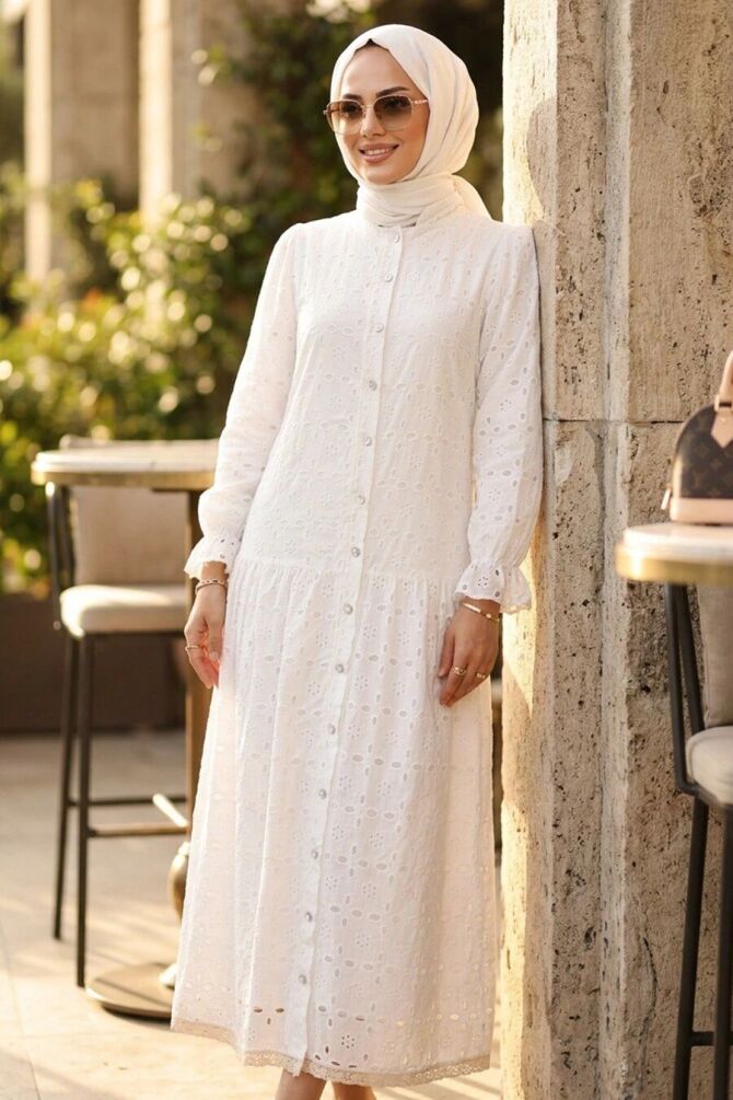 Guipure White Modest Dress 41759B - 1