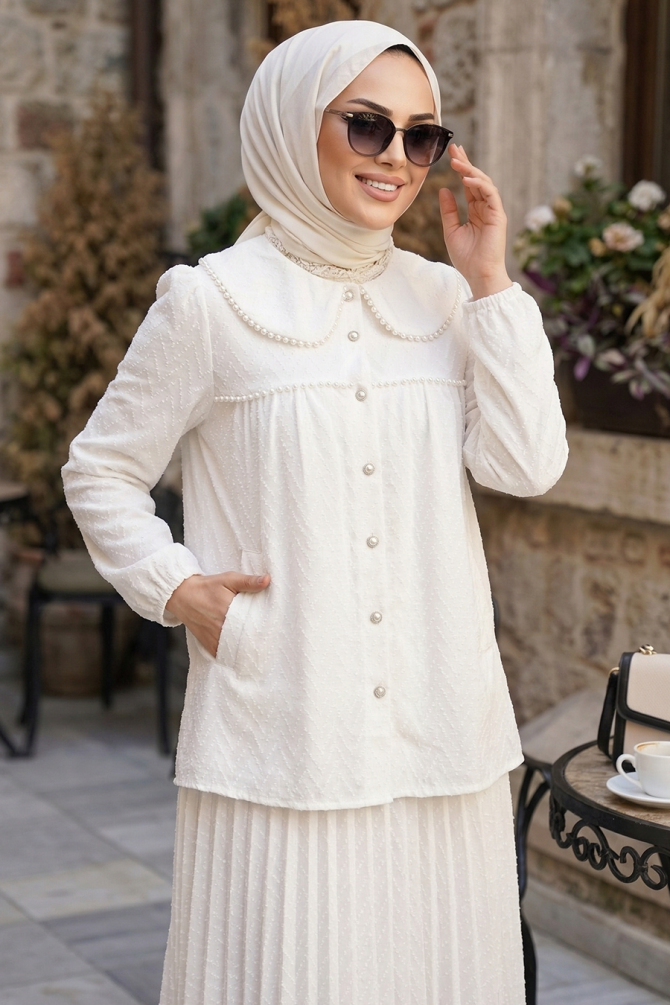 Guipure White Skirted Modest Two-Piece Set 41756B - 2