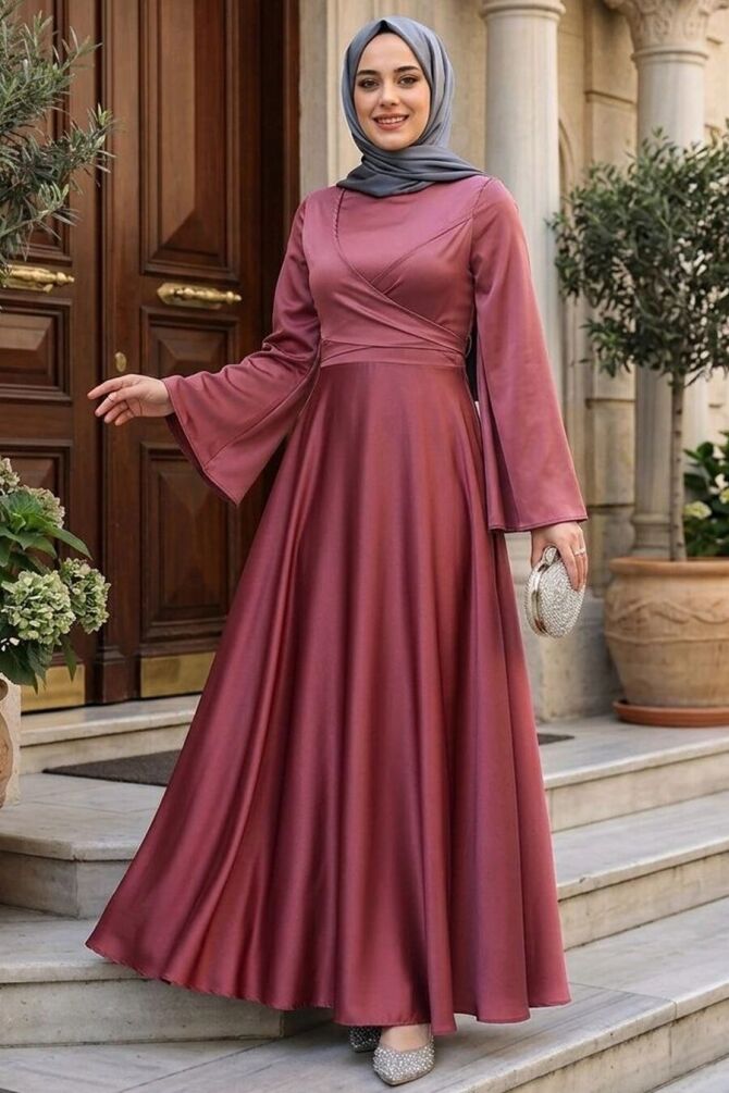  Gül Kurusu Saten Tesettür Abiye Elbise 6157GK - 1