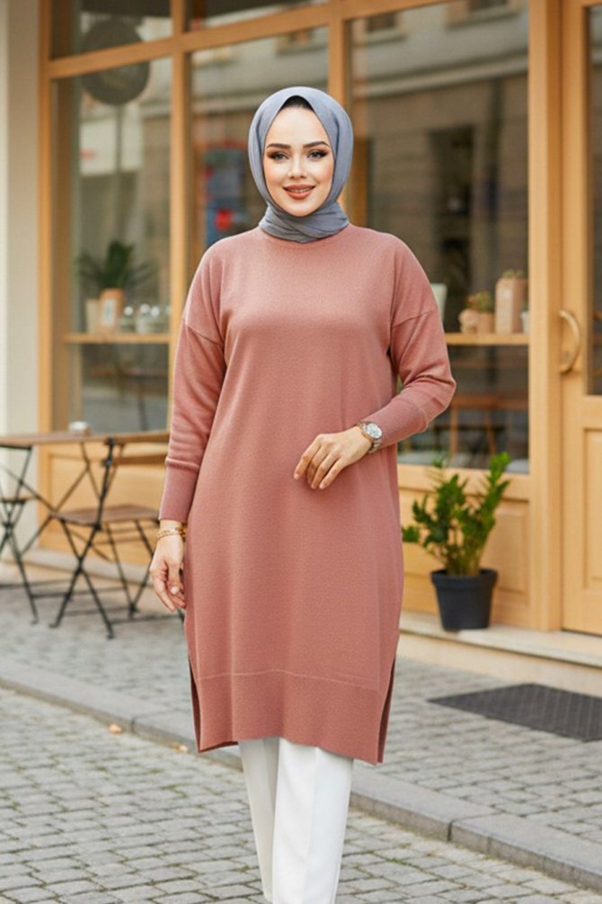 Gül Kurusu Tesettür Triko Kazak Tunik 17203GK - NEVA STYLE