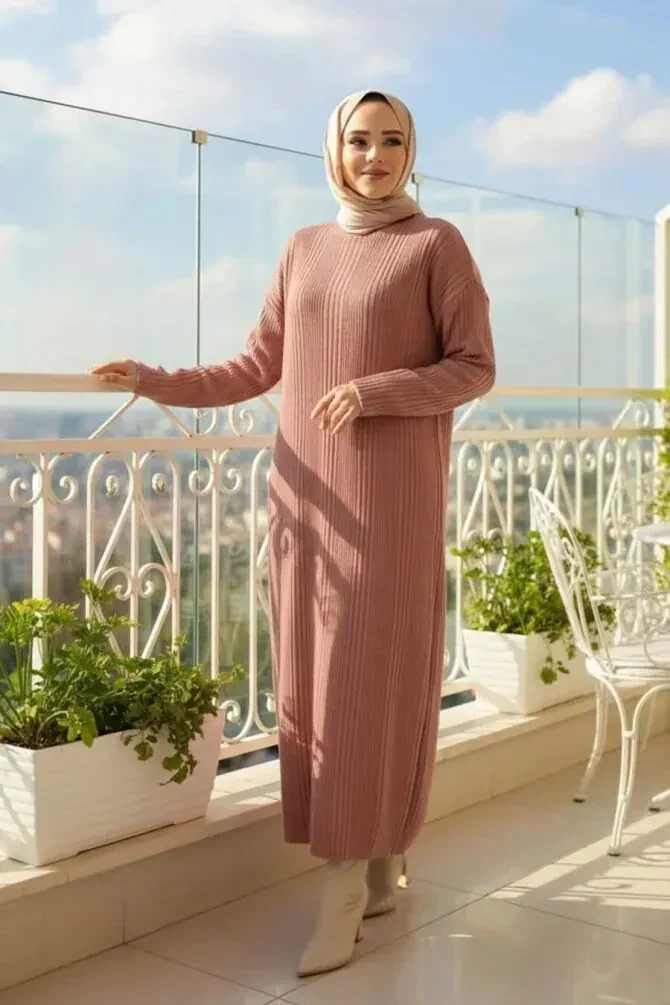 Gül Kurusu Triko Tesettür Elbise 27504GK - 1