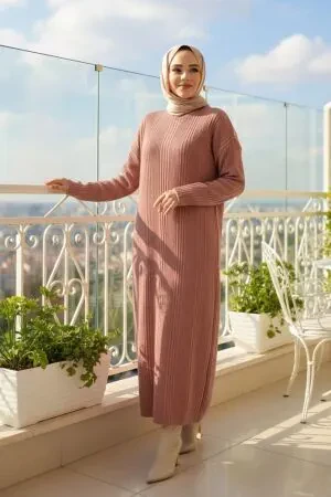 Gül Kurusu Triko Tesettür Elbise 27504GK 