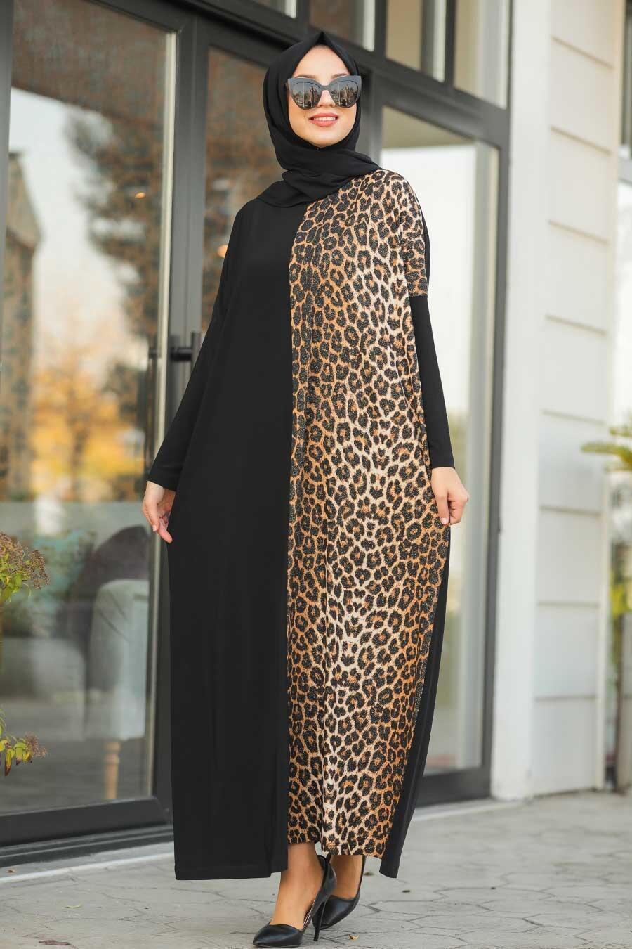 Leopar Desenli Siyah Tesettür Elbise 5453s