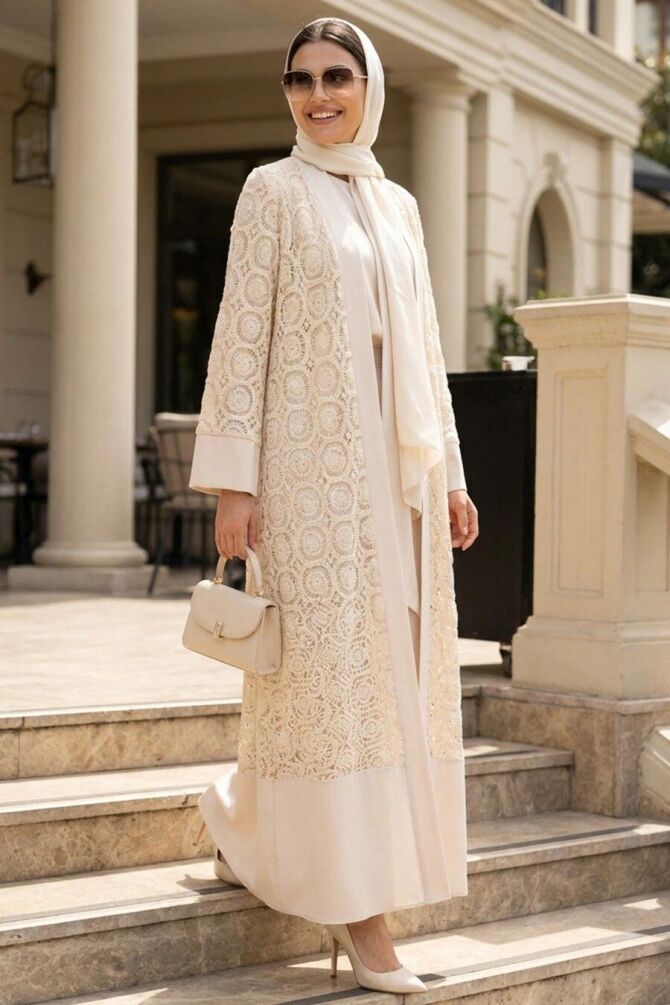 Güpür Dantel Detaylı Bej Tesettür Abaya 63212BEJ - 1