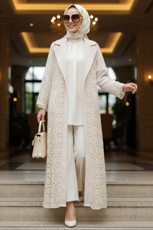 Güpür Dantelli Bej Tesettür Abaya Kimono 63191BEJ - 1