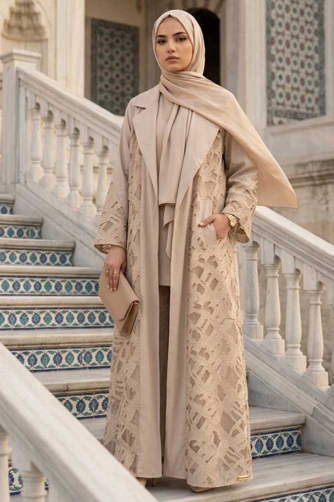 Güpür Dantelli Koyu Bej Tesettür Abaya 6317KBEJ - 1