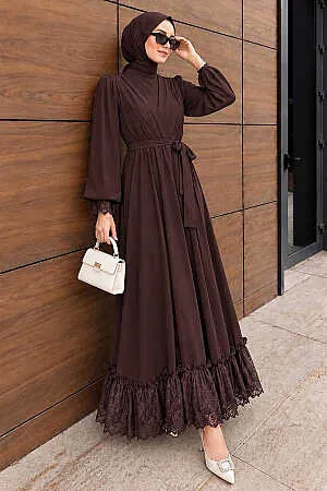 Guipure Detail Belted Guipure Chiffon Brown Modest Evening Dress 4999KH - 1