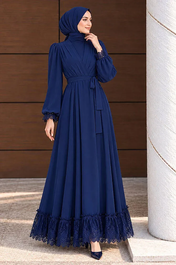Guipure Detail Belted Guipure Chiffon Navy Modest Evening Dress 4999L - 1