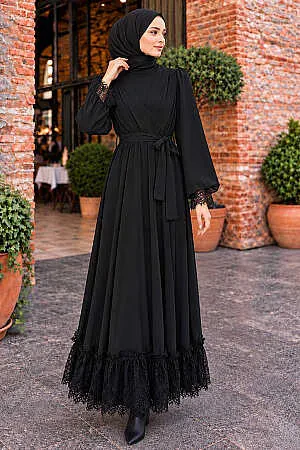 Guipure Detail Belted Guipure Chiffon Black Modest Evening Dress 4999S 
