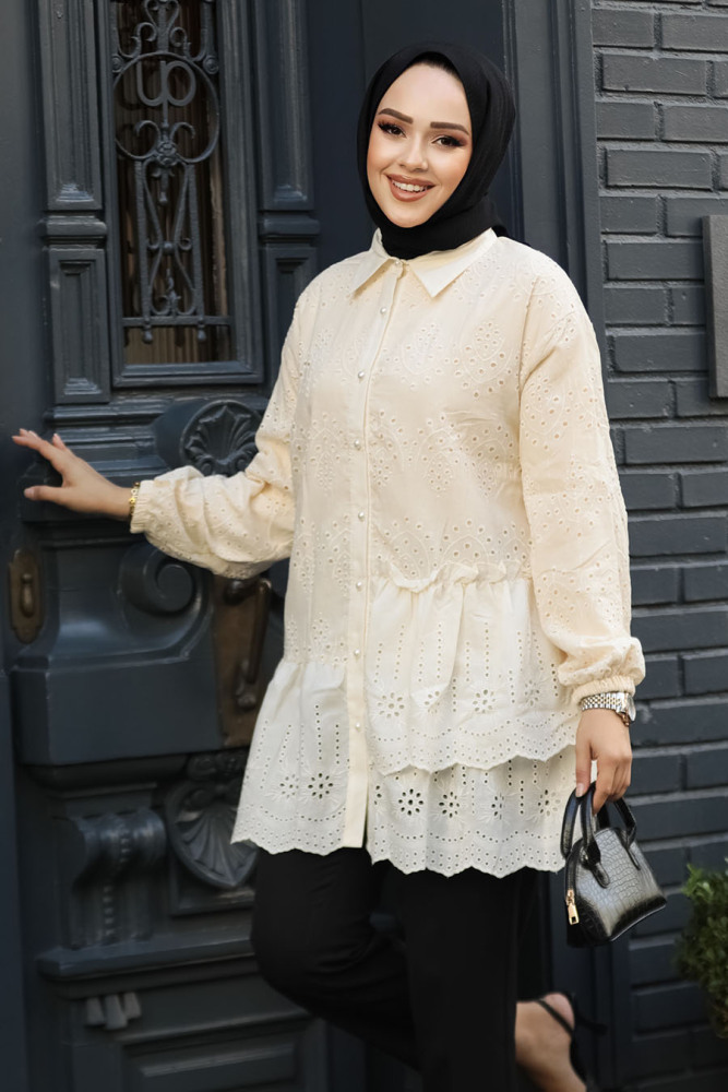 Güpürlü Bej Tesettür Tunik 13761BEJ - 1