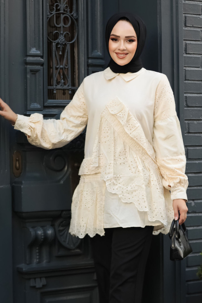 Güpürlü Bej Tesettür Tunik 14221BEJ - 1