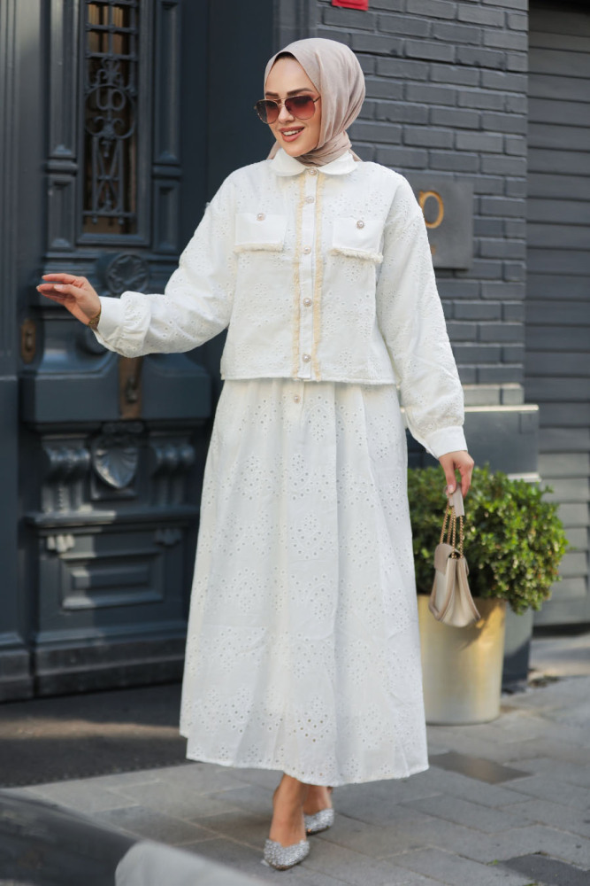 Güpürlü Beyaz Tesettür Etekli İkili Takım 14171B - 1