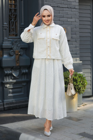 Güpürlü Beyaz Tesettür Etekli İkili Takım 14171B - 2