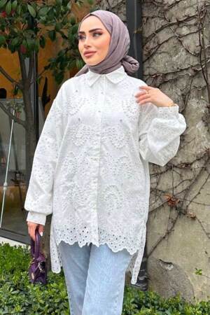 Güpürlü Beyaz Tesettür Tunik 13512B - 1