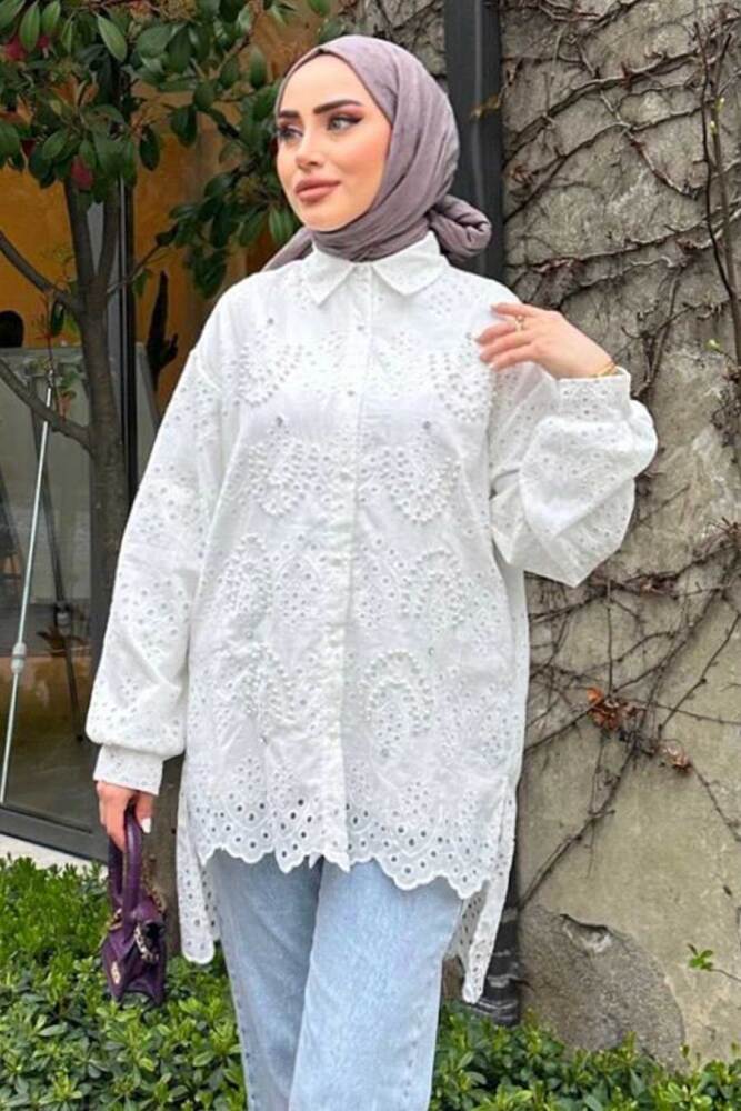 Güpürlü Beyaz Tesettür Tunik 13512B - 1