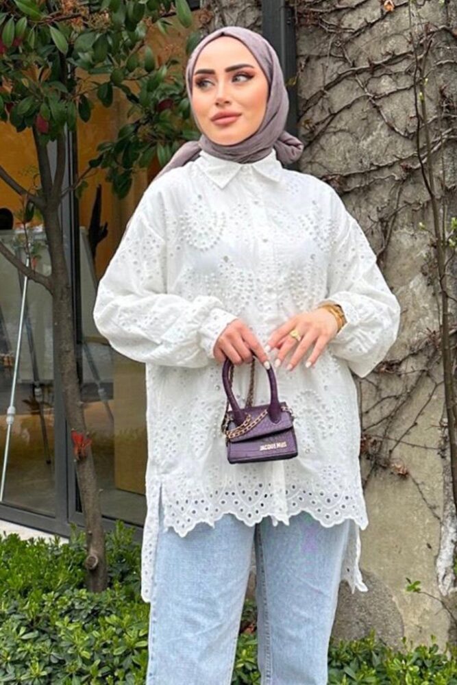 Güpürlü Beyaz Tesettür Tunik 13512B - 3